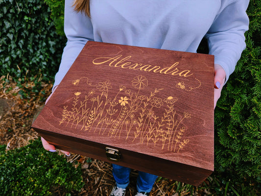 Personalized Pine Wood Keepsake Box: Floral Bee Engraved Memory Box