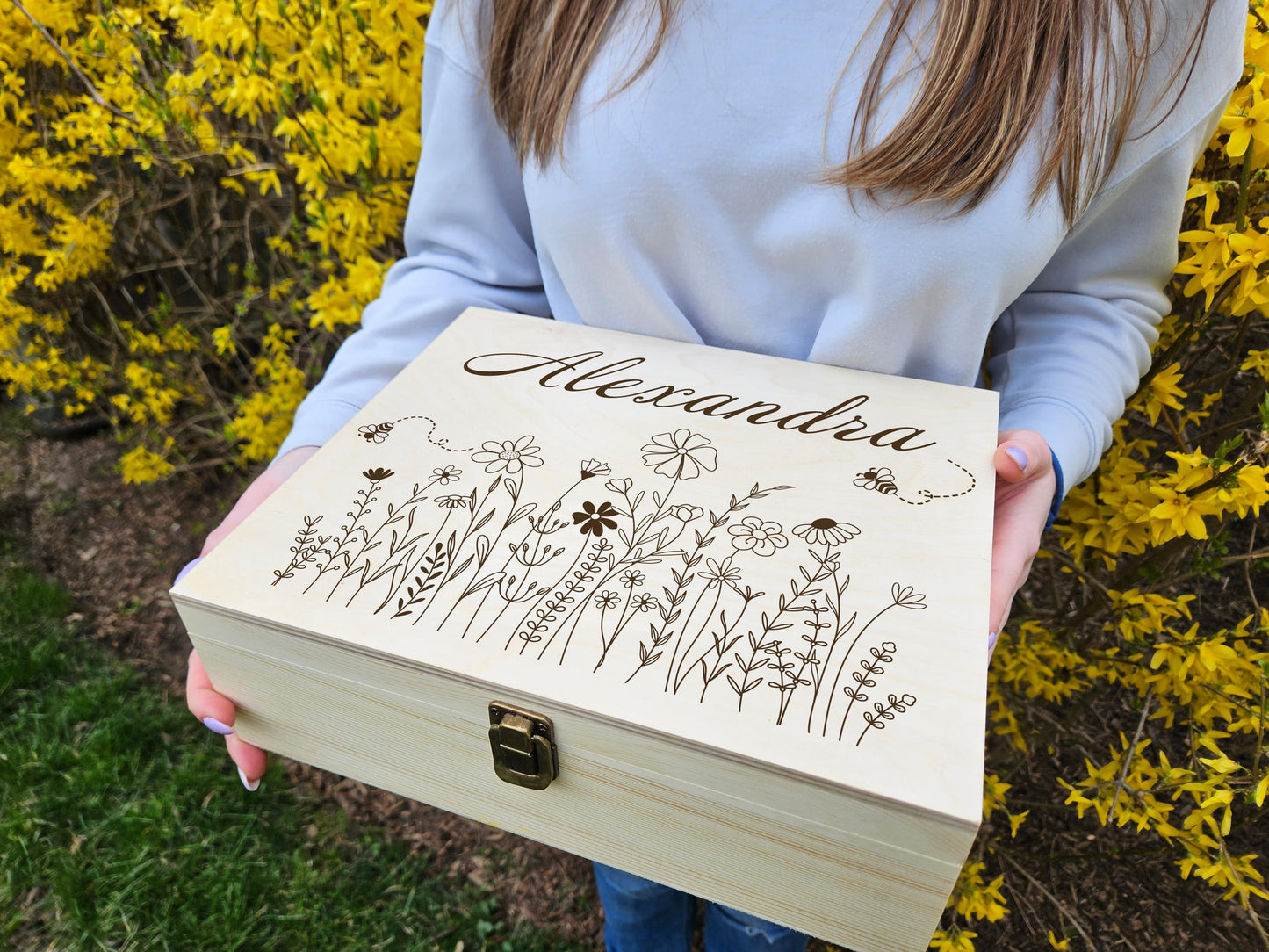 Personalized Pine Wood Keepsake Box: Floral Bee Engraved Memory Box