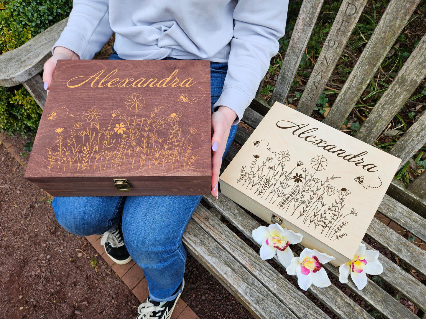Personalized Pine Wood Keepsake Box: Floral Bee Engraved Memory Box