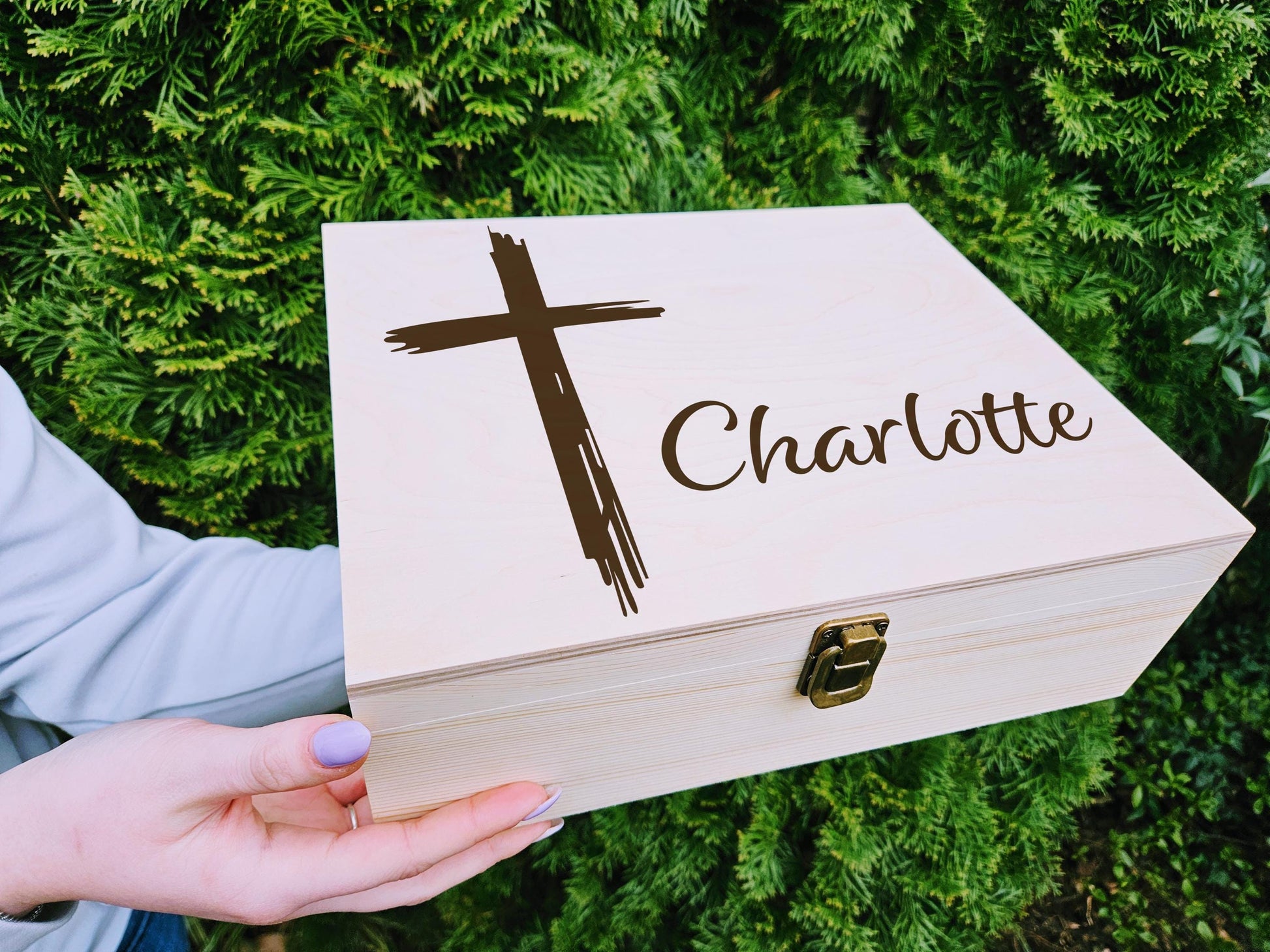 Personalized Wooden Keepsake Box with Cross: Christian Memorial Gift