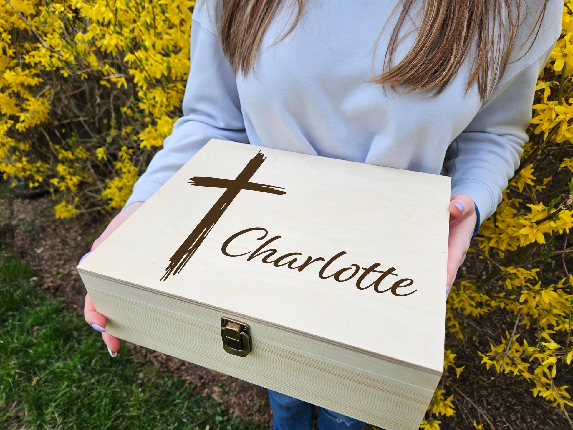 Personalized Wooden Keepsake Box with Cross: Christian Memorial Gift