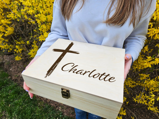 Personalized Wooden Keepsake Box with Cross: Christian Memorial Gift