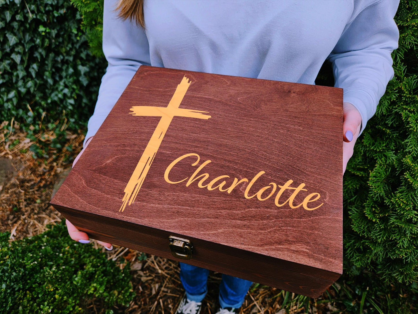 Personalized Wooden Keepsake Box with Cross: Christian Memorial Gift