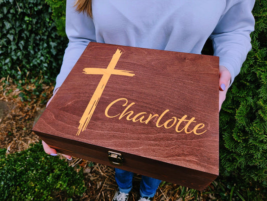 Personalized Wooden Keepsake Box with Cross: Christian Memorial Gift