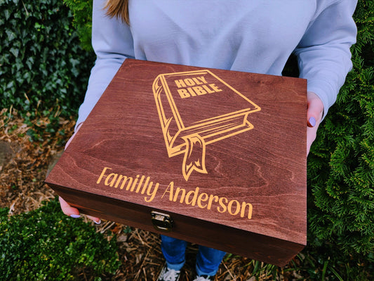 Personalized Bible Keepsake Box, Custom Holy Bible Wooden Box, Christian Gift for Family • Engraved Scripture Box, Religious Wedding Gift