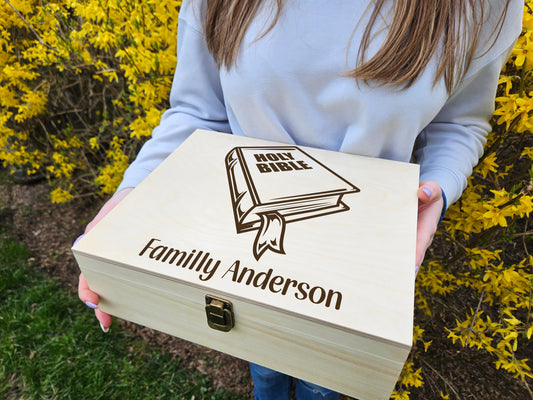 Personalized Bible Keepsake Box, Custom Holy Bible Wooden Box, Christian Gift for Family • Engraved Scripture Box, Religious Wedding Gift