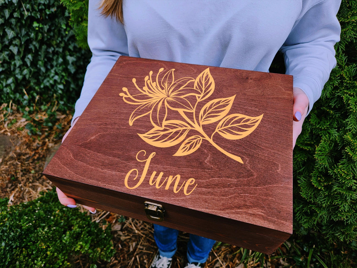 June Birth Flower Memory Box, Honeysuckle Keepsake Box, Personalized June Birthday Gift, Custom Engraved Wooden Box, Birth Month Flower Gift