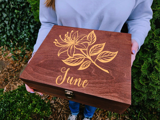June Birth Flower Memory Box, Honeysuckle Keepsake Box, Personalized June Birthday Gift, Custom Engraved Wooden Box, Birth Month Flower Gift