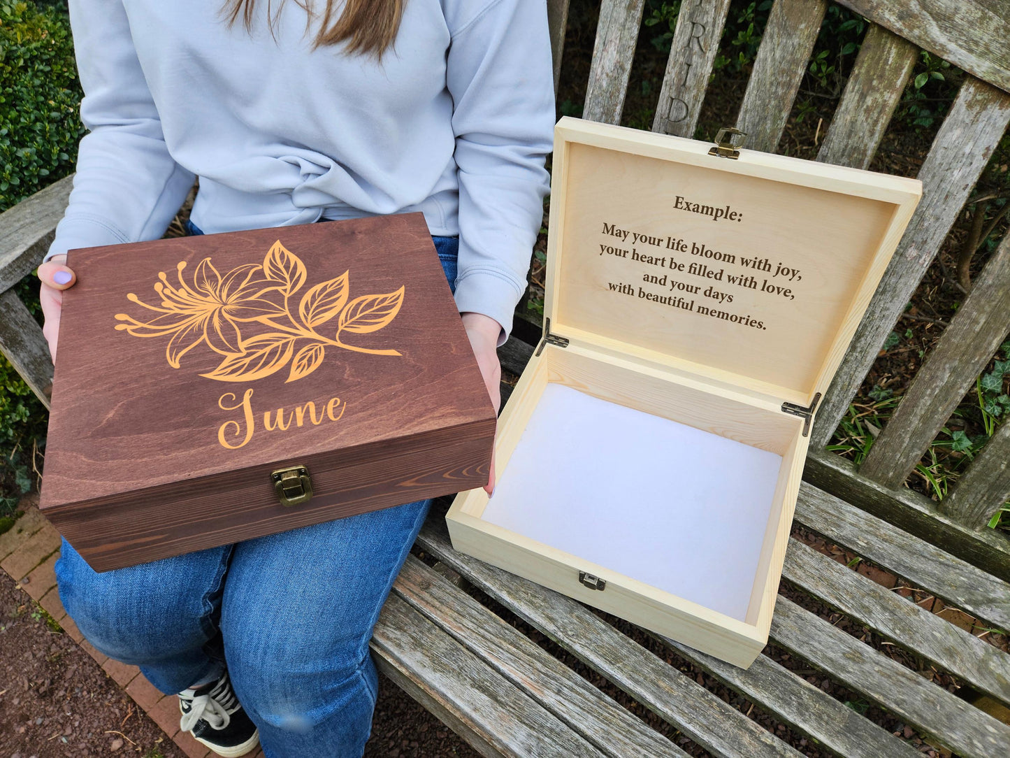 June Birth Flower Memory Box, Honeysuckle Keepsake Box, Personalized June Birthday Gift, Custom Engraved Wooden Box, Birth Month Flower Gift