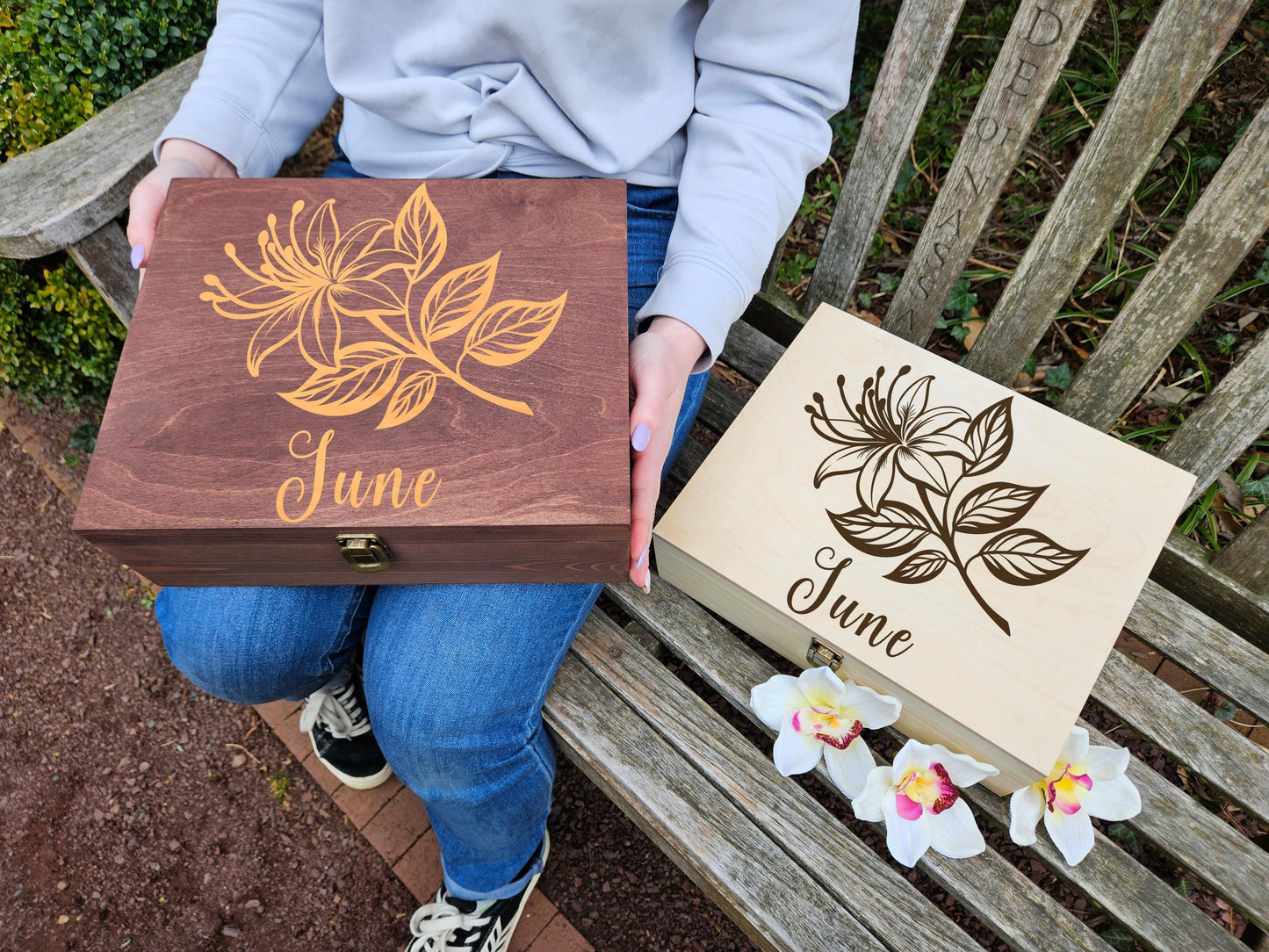 June Birth Flower Memory Box, Honeysuckle Keepsake Box, Personalized June Birthday Gift, Custom Engraved Wooden Box, Birth Month Flower Gift