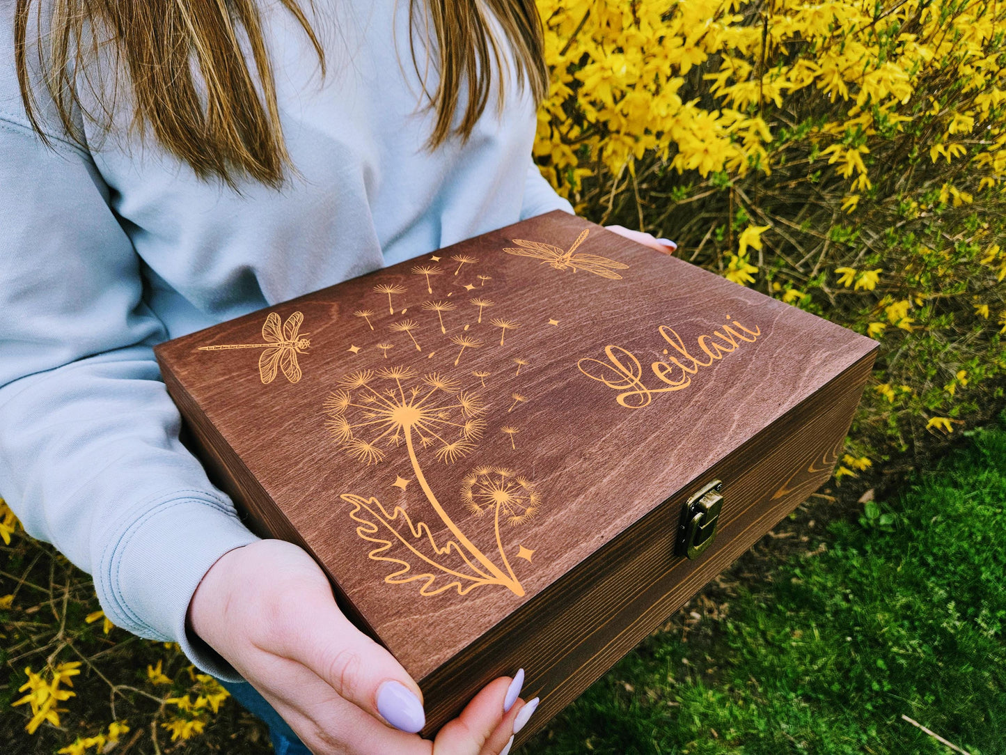 Personalized Keepsake Box for Girls, Dragonfly Memory Box, Custom Name Wooden Box, Dandelion Treasure Box, Birthday Gift