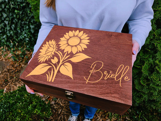 Personalized Sunflower Keepsake Box, Custom Wooden Memory Box, Name Engraved Gift Box, Birthday Gift, Sunflower Lover Gift