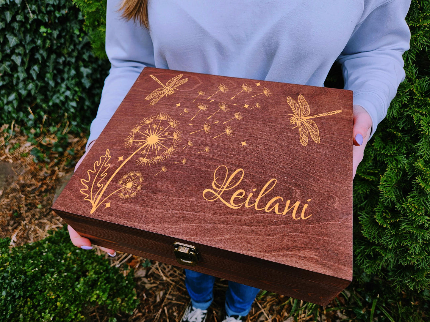Personalized Keepsake Box for Girls, Dragonfly Memory Box, Custom Name Wooden Box, Dandelion Treasure Box, Birthday Gift