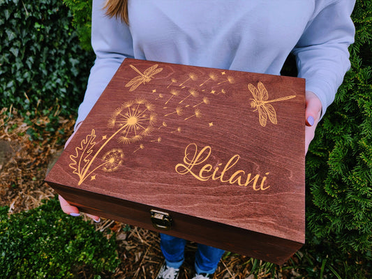 Personalized Keepsake Box for Girls, Dragonfly Memory Box, Custom Name Wooden Box, Dandelion Treasure Box, Birthday Gift