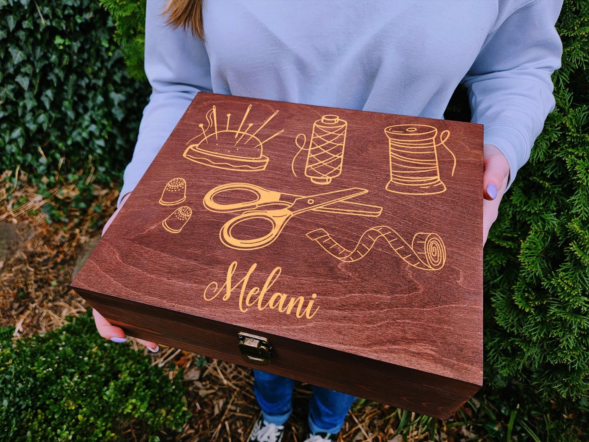 Personalized Sewing Keepsake Box, Custom Engraved Wooden Sewing Box, Quilter Gift, Seamstress Box, Sewing Accessories Organizer, Tailor Gift