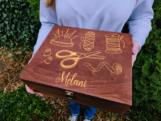 Personalized Sewing Keepsake Box, Custom Engraved Wooden Sewing Box, Quilter Gift, Seamstress Box, Sewing Accessories Organizer, Tailor Gift