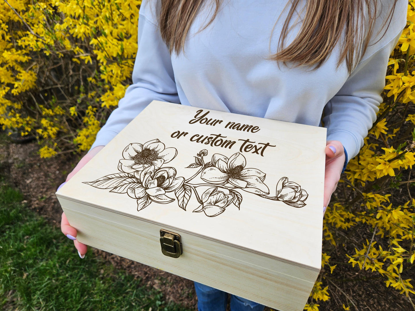 Personalized Floral Wooden Memory Box, Custom Engraved Keepsake Box, Gift for Mom, Grandma, Sister, Wedding Memory Box, Magnolia Keepsake