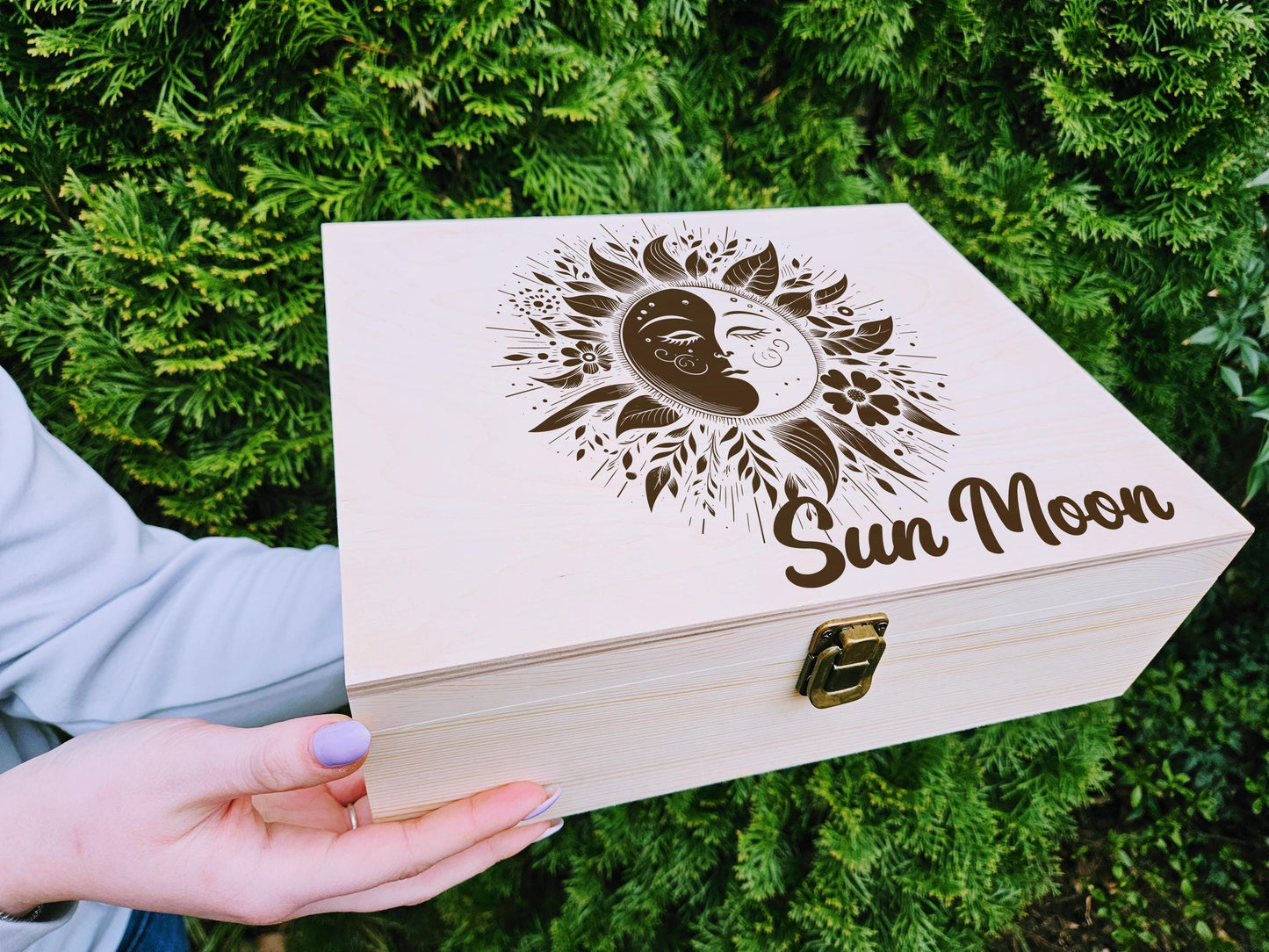 Personalized Sun and Moon Keepsake Box, Engraved Wooden Memory Box, Celestial Jewelry Box, Custom Name Gift