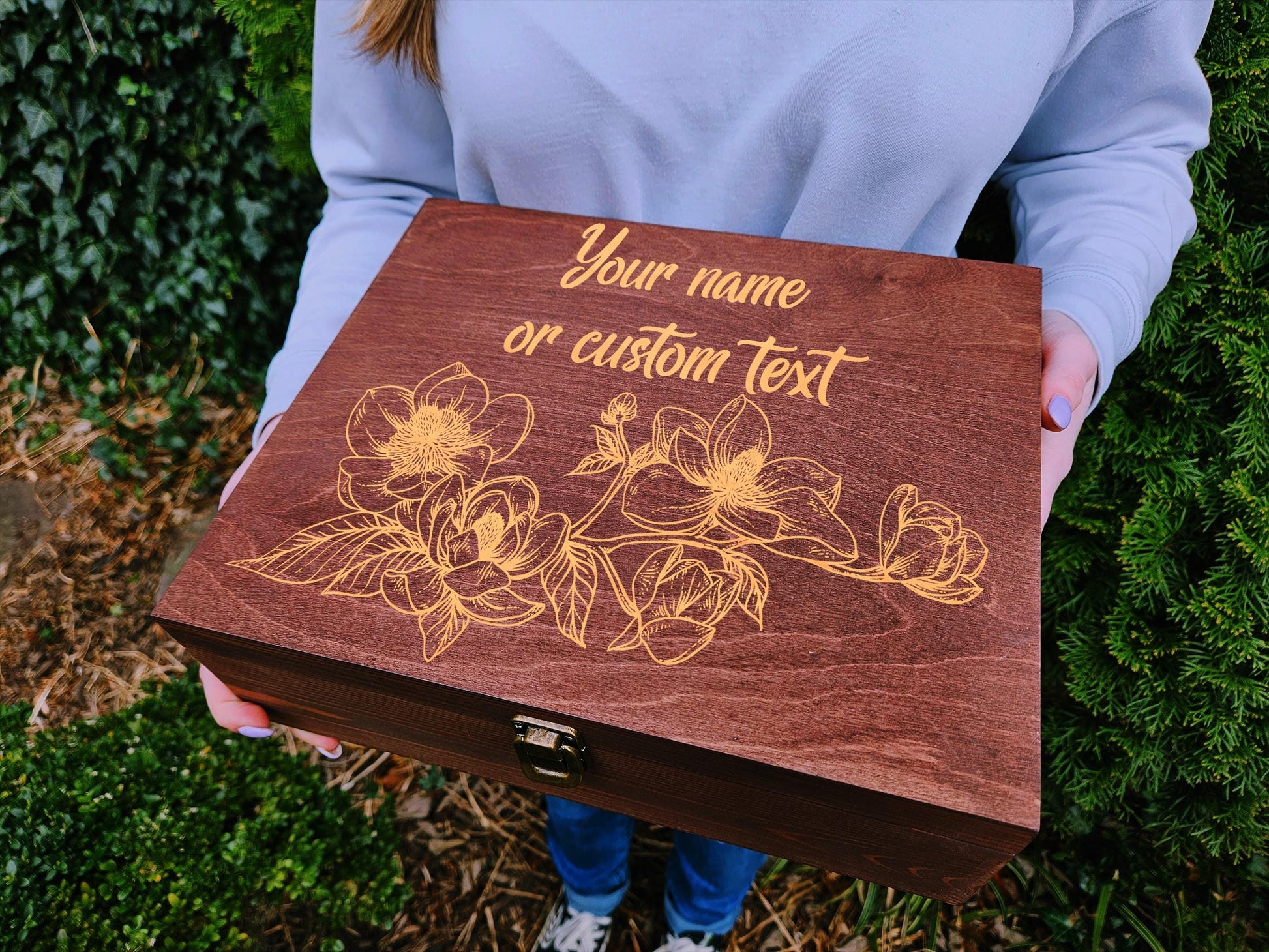 Personalized Floral Wooden Memory Box, Custom Engraved Keepsake Box, Gift for Mom, Grandma, Sister, Wedding Memory Box, Magnolia Keepsake