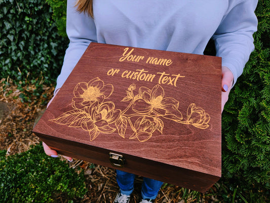 Personalized Floral Wooden Memory Box, Custom Engraved Keepsake Box, Gift for Mom, Grandma, Sister, Wedding Memory Box, Magnolia Keepsake