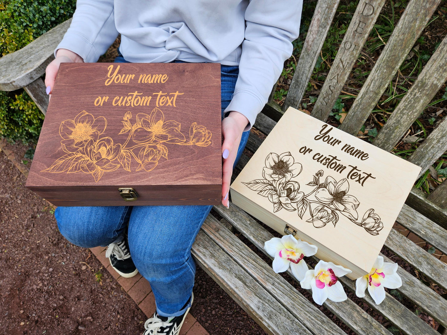 Personalized Floral Wooden Memory Box, Custom Engraved Keepsake Box, Gift for Mom, Grandma, Sister, Wedding Memory Box, Magnolia Keepsake