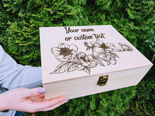 Personalized Floral Wooden Memory Box, Custom Engraved Keepsake Box, Gift for Mom, Grandma, Sister, Wedding Memory Box, Magnolia Keepsake