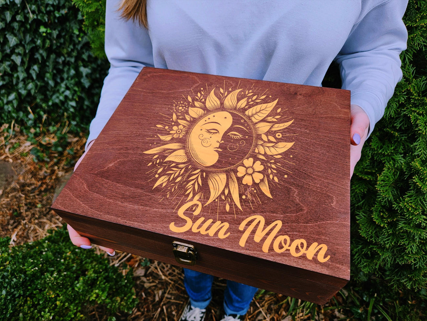 Personalized Sun and Moon Keepsake Box, Engraved Wooden Memory Box, Celestial Jewelry Box, Custom Name Gift