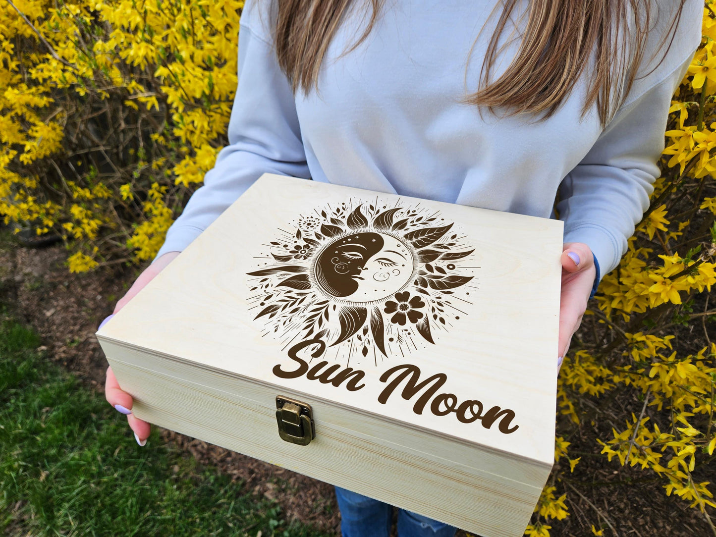 Personalized Sun and Moon Keepsake Box, Engraved Wooden Memory Box, Celestial Jewelry Box, Custom Name Gift