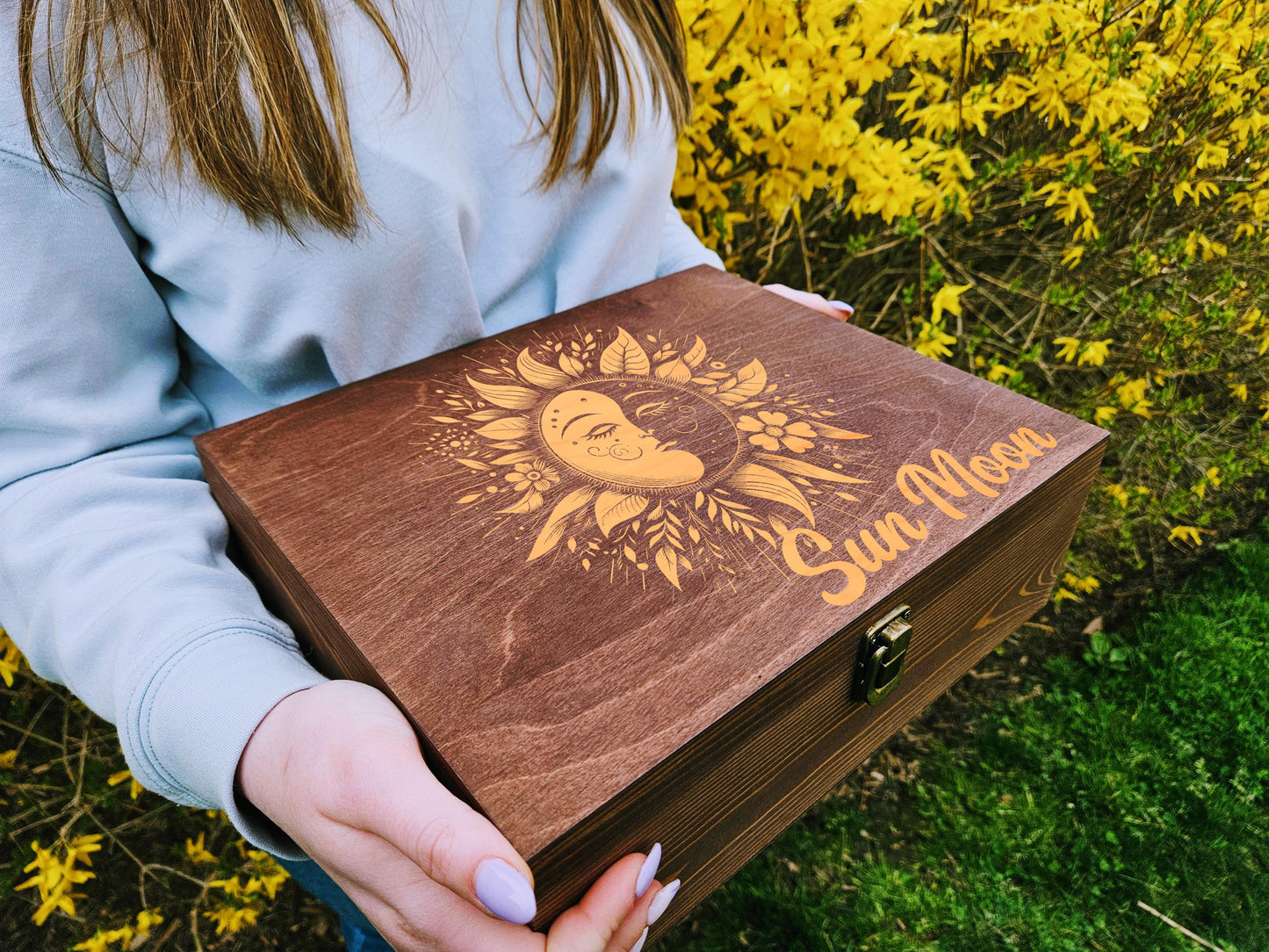 Personalized Sun and Moon Keepsake Box, Engraved Wooden Memory Box, Celestial Jewelry Box, Custom Name Gift