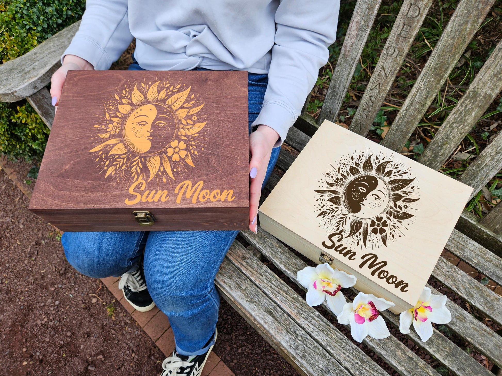 Personalized Sun and Moon Keepsake Box, Engraved Wooden Memory Box, Celestial Jewelry Box, Custom Name Gift