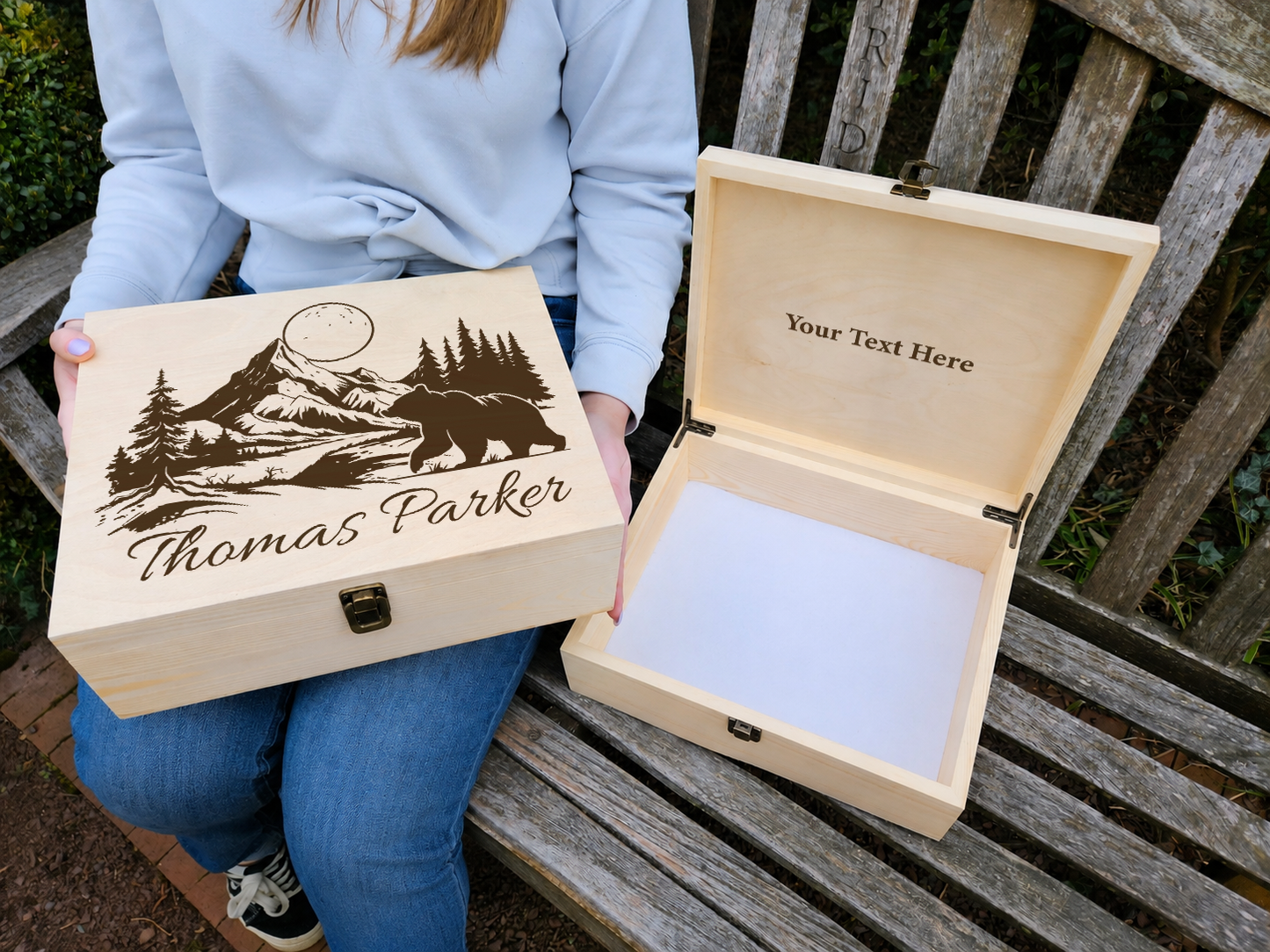 Engraved Wooden Memory Box: Mountain Bear Keepsake