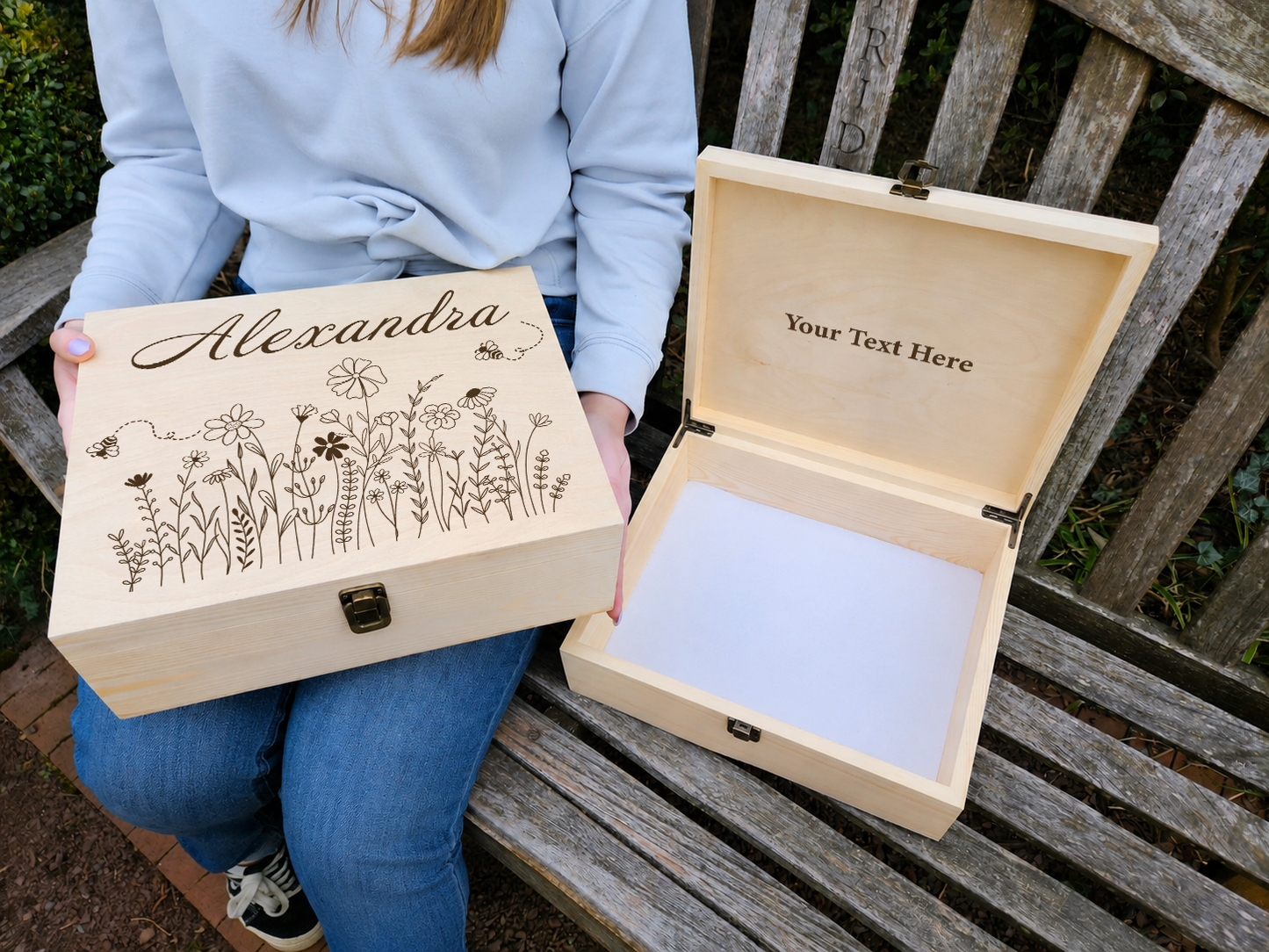 Personalized Wood Keepsake Box: Floral Bee Engraved Memory Box