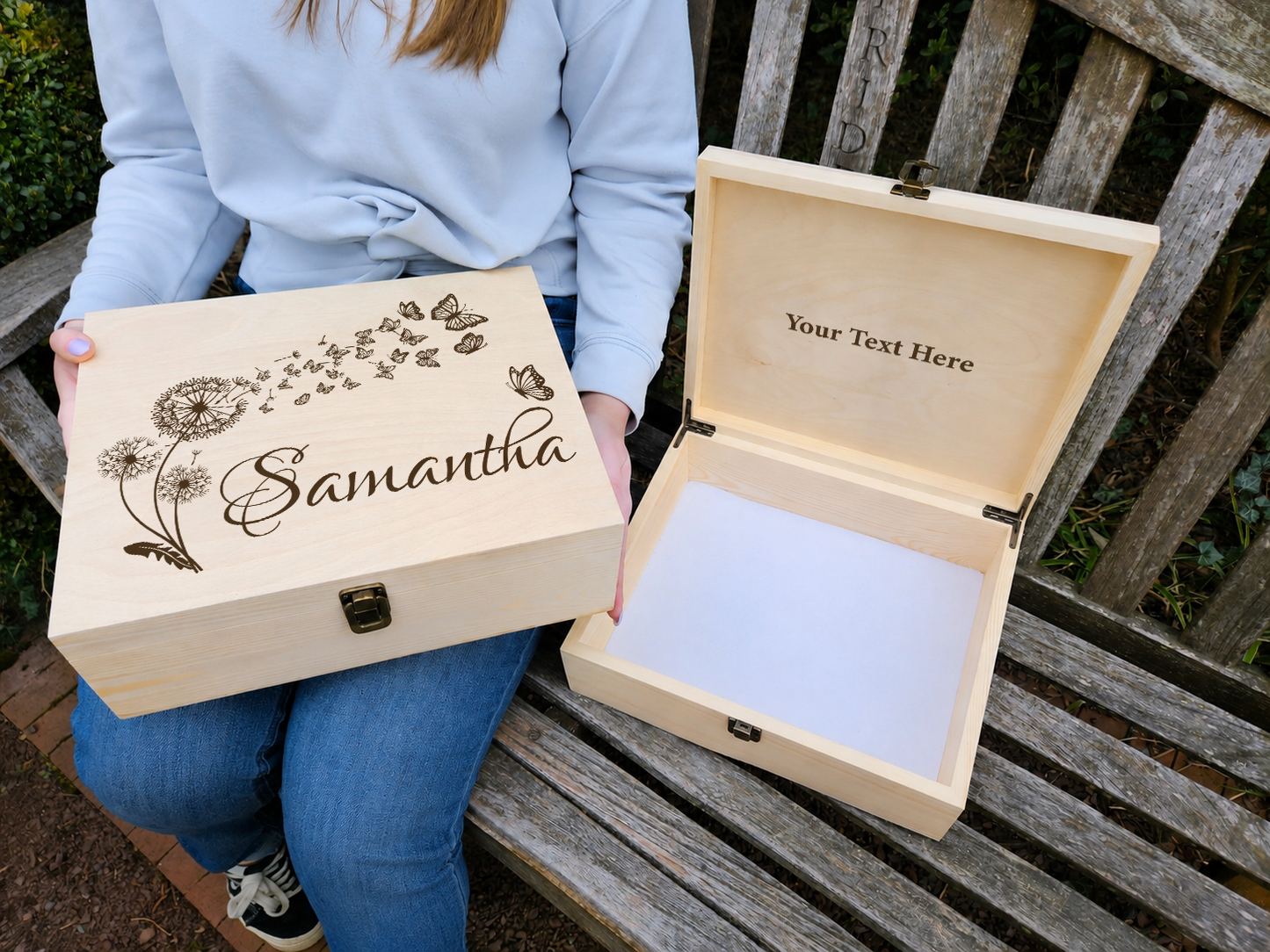 Engraved Wooden Keepsake Box, Dandelion & Butterflies Memory Box