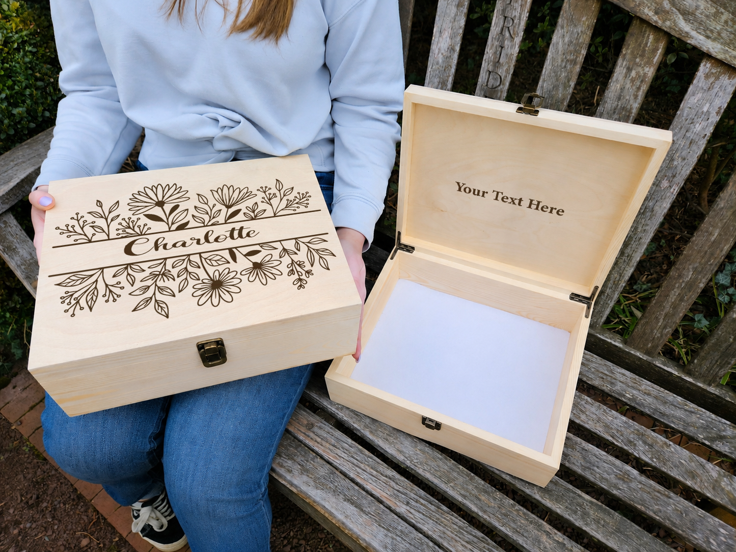 Personalized Floral Engraved Wooden Keepsake Box, Custom Name Gift